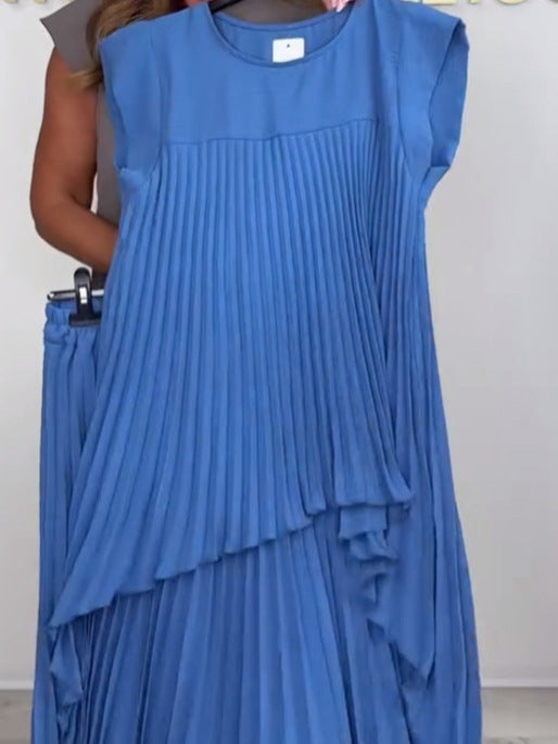 Ensemble Laney avec des tops midi plissés à manches courtes irrégulières et un pantalon à taille large et élastique