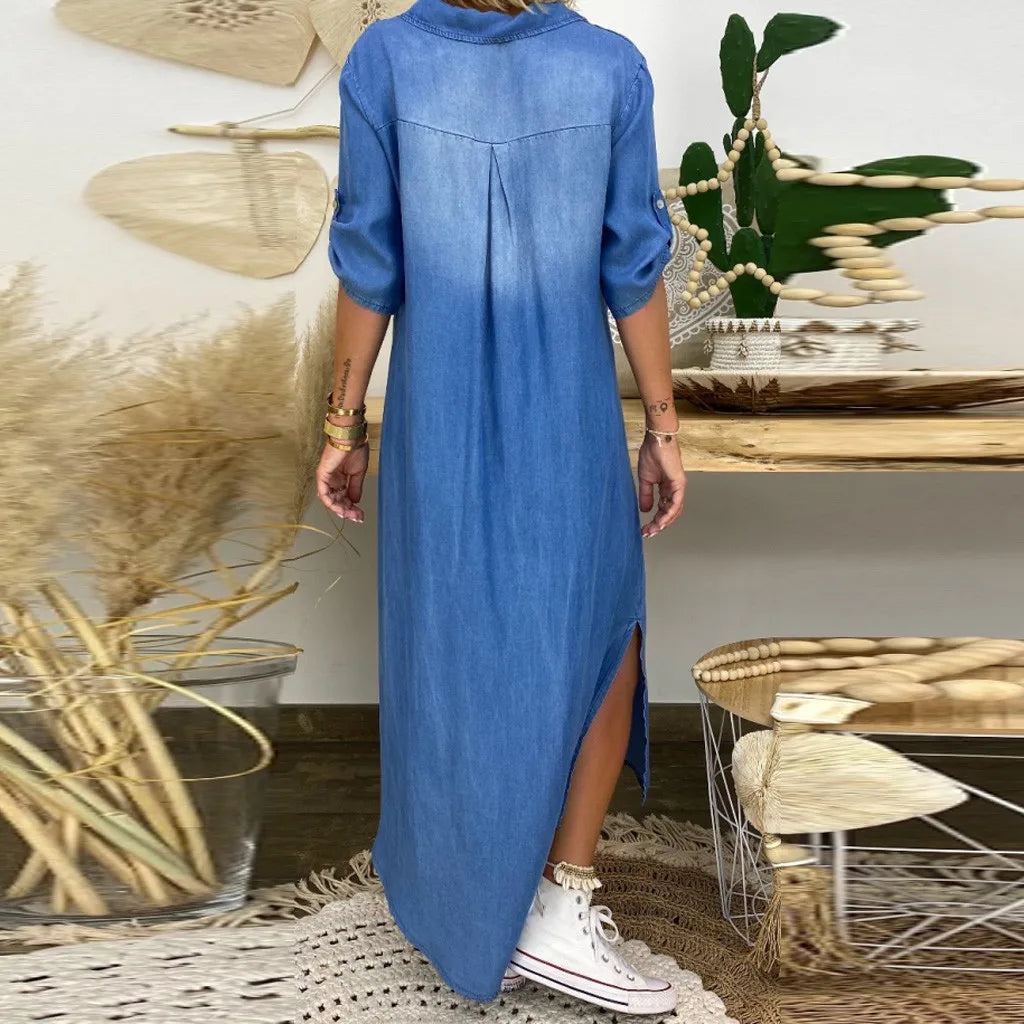 Lea | Robe longue en denim avec fente sur le côté