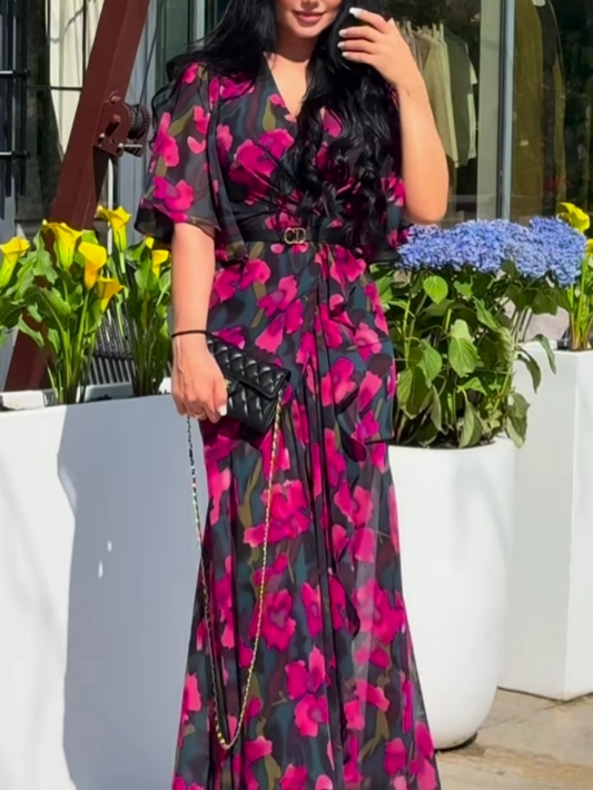 Emmie| Robe imprimée à manches trompette et décolleté en V rétro