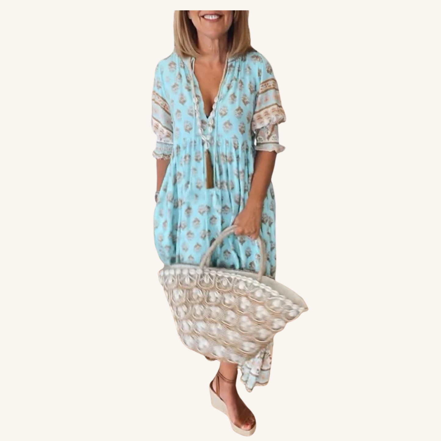 Robe décontractée imprimée avec décolleté en V et manches mi-longues