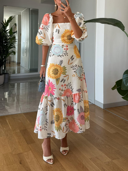 Mia| Robe Midi à Imprimé Floral avec Col Carré et Manches Bouffantes