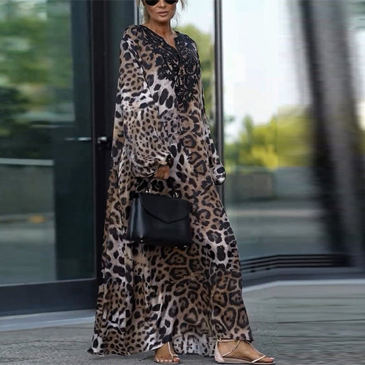 Jeanette| Robe femme à manches longues décontractée avec motif léopard