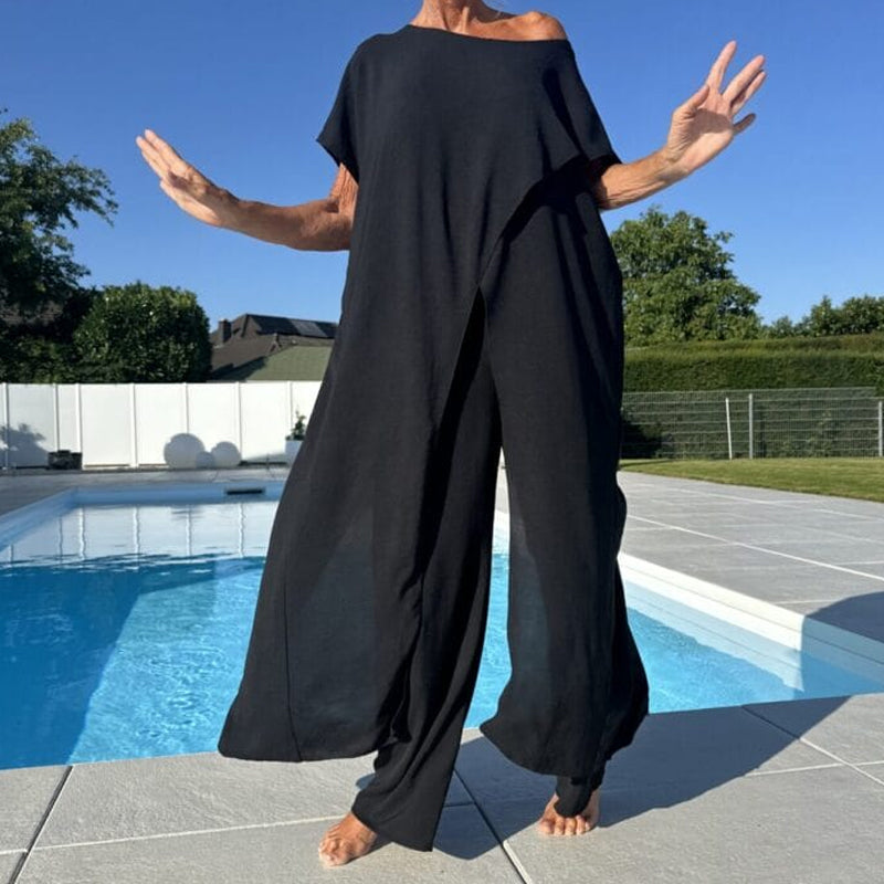 Livia| Ensemble d'un top et d'un pantalon décolletés unicolores