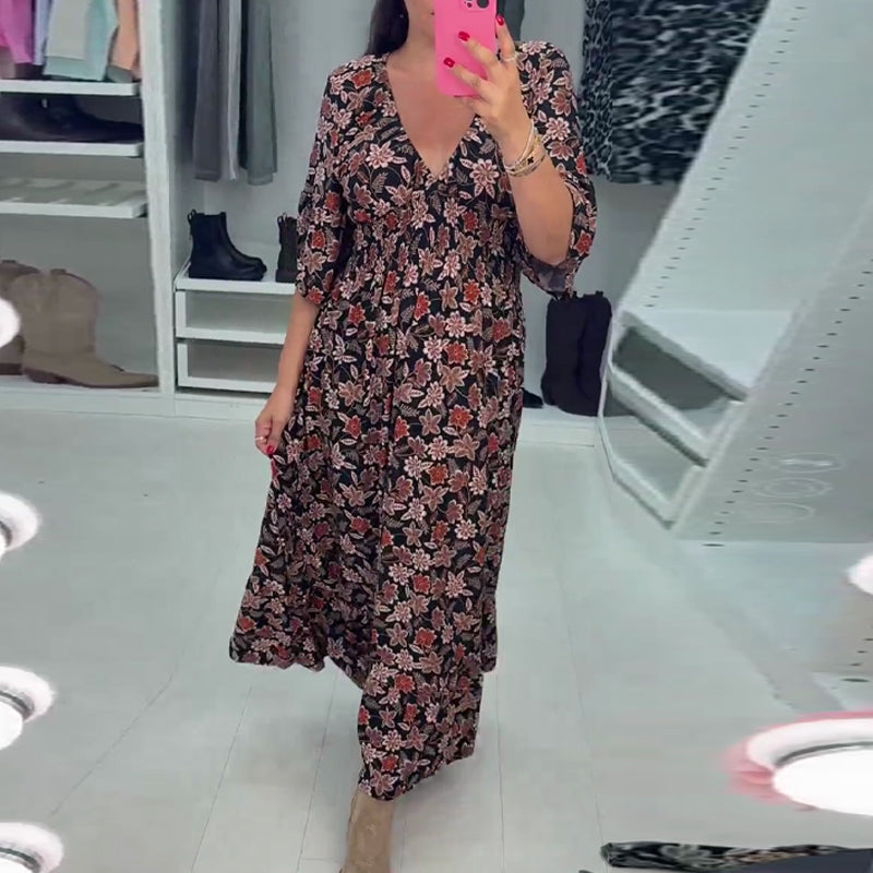 Marjolein| Robe maxi imprimée à décolleté en V avec manches 3/4