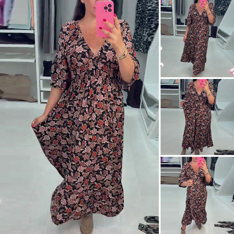 Marjolein| Robe maxi imprimée à décolleté en V avec manches 3/4